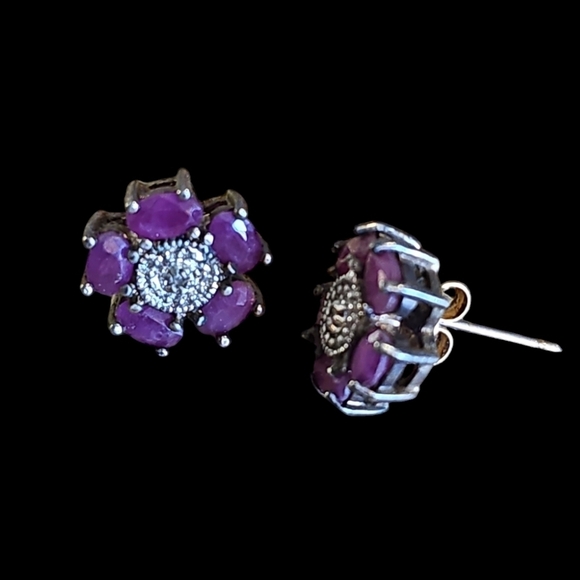 Sterling Silver Ruby Cluster Flower Earrings - Picture 4 of 5